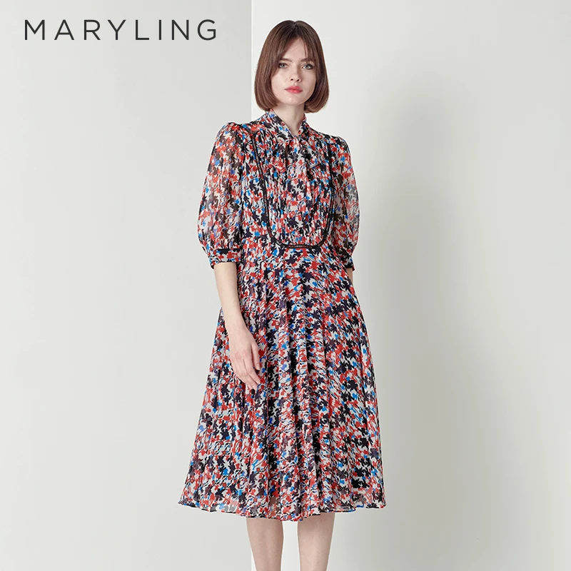 MARYLING玛俪琳秋季复古优雅U型设计五分袖A字连衣裙女A1CFW61380