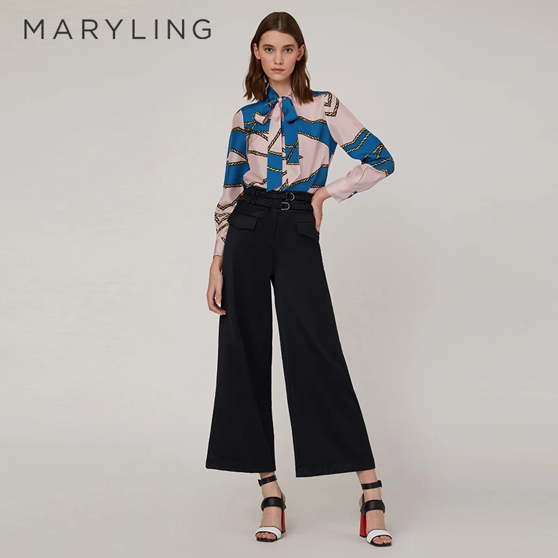 MARYLING玛俪琳设计师秋季航海印花系带时尚桑蚕丝上衣A1CBW20140