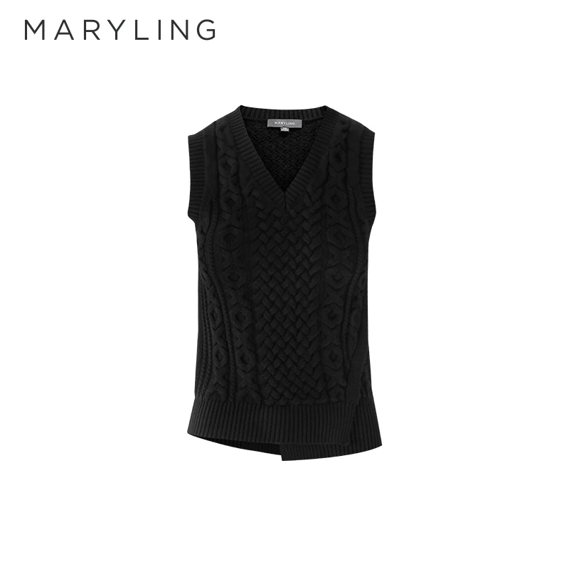 MARYLING玛俪琳秋冬时尚百搭黑色V领下摆不对称背心A1CGW07680