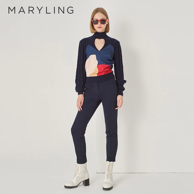 MARYLING玛俪琳秋季复古优雅V镂空拼接印花针织上衣女A1DGW26180