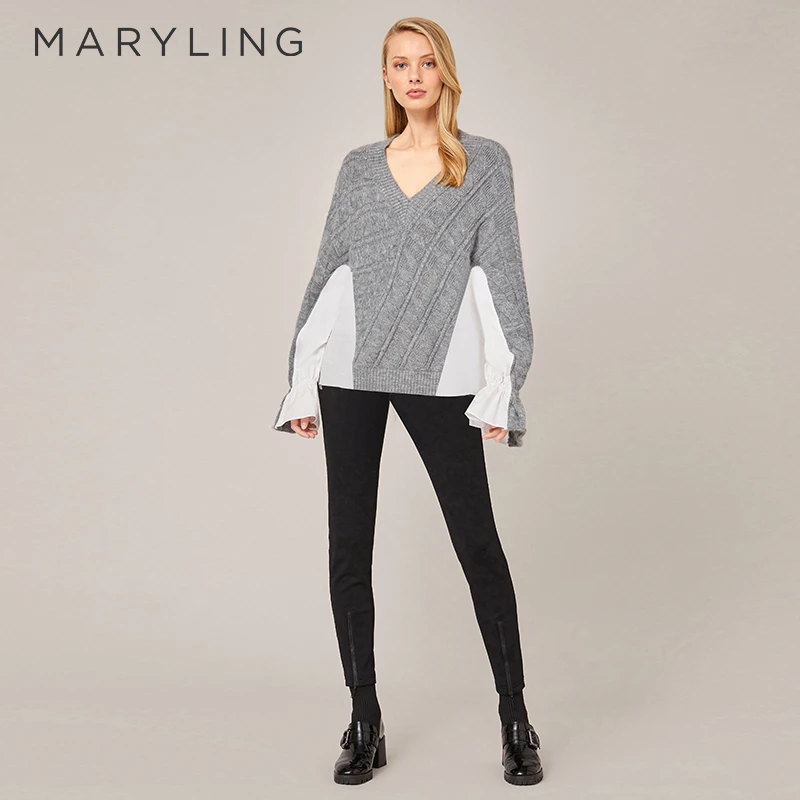 MARYLING玛俪琳冬季烟灰针梭拼接V领宽松休闲上衣A1BHW03720