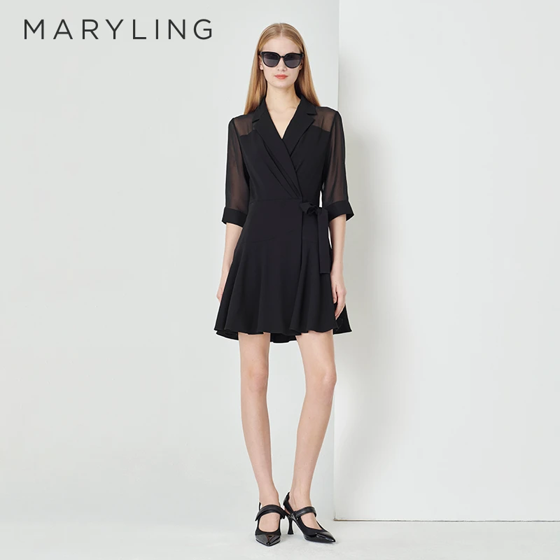 MARYLING玛俪琳春夏季新品时尚通勤黑色翻领西装连衣裙A1DCW62050