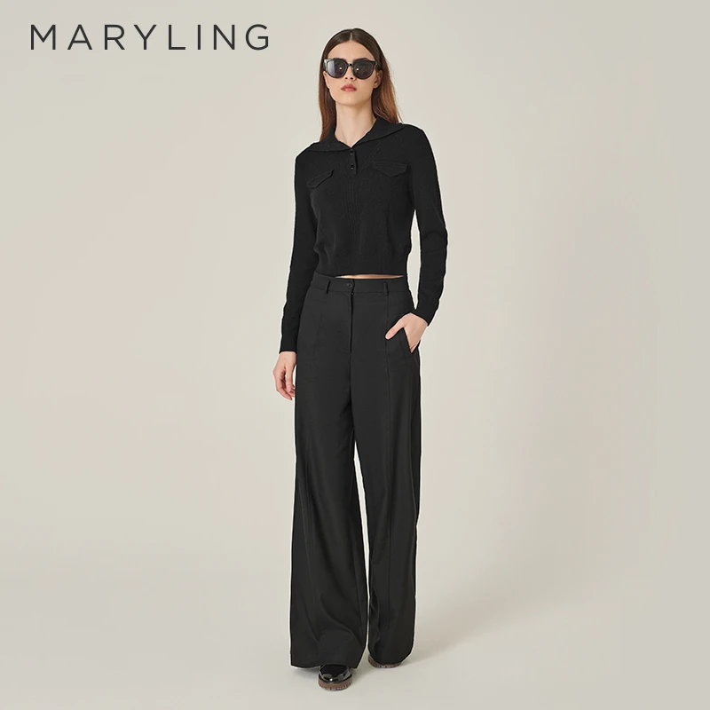 MARYLING玛俪琳秋冬新品黑色半高领开扣针织套头衫A1EGW03310