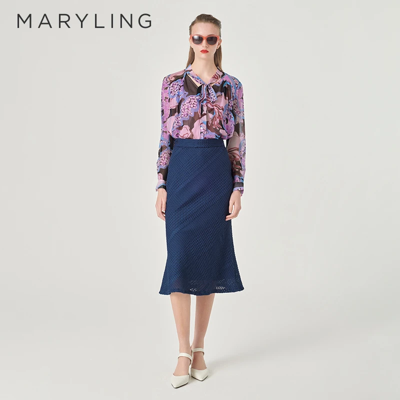 MARYLING玛俪琳24春季新品深蓝色蕾丝小鱼尾修身半身裙A1EBW72240