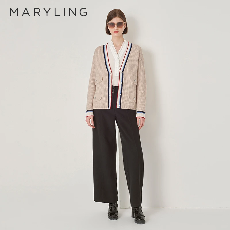 MARYLING玛俪琳秋季简约大方沙色V领对称口袋羊毛开衫A1DGW08620