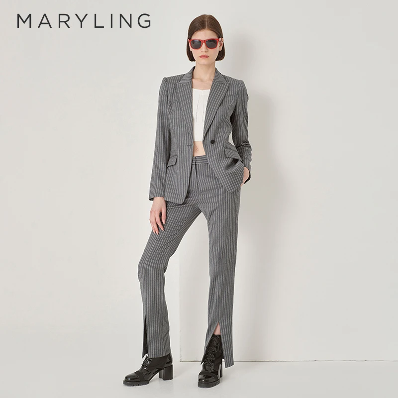 MARYLING玛俪琳秋季时尚通勤灰白条纹一粒扣西装外套A1DGW10110