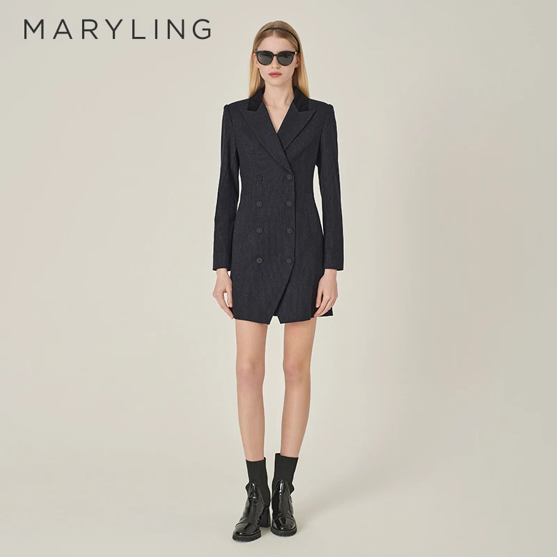 MARYLING玛俪琳2024冬季新品蓝底白条戗驳领西装外套A1EHW14560