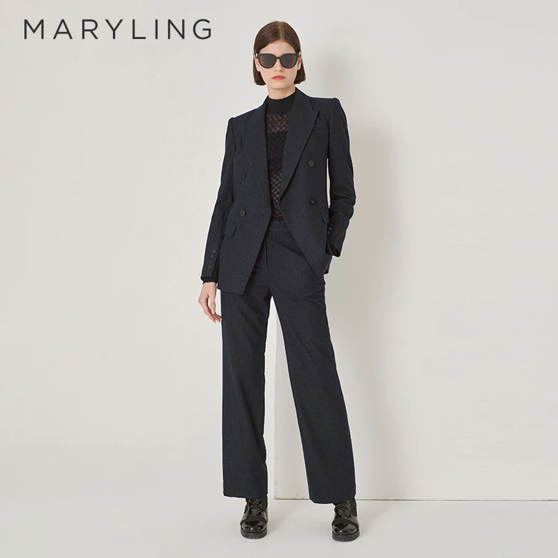 MARYLING玛俪琳秋季时尚通勤深蓝条纹翻尖领修腰西装女A1DGW10140