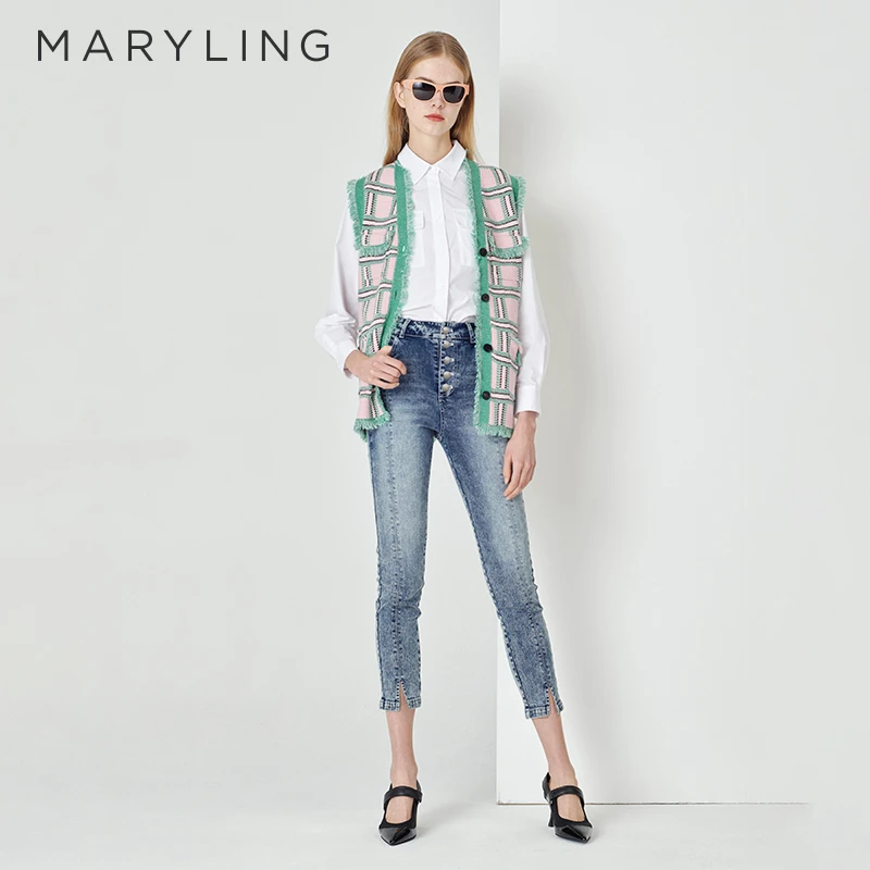 MARYLING玛俪琳春季新品灰蓝色可水洗牛仔修身九分裤A1DBW56020