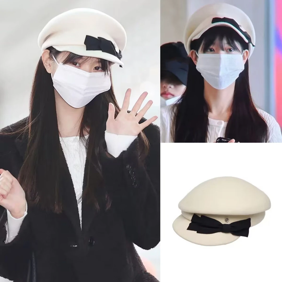 元英同款轻奢不对称羊毛贝雷帽女秋冬潮设计师款蝴蝶结鸭舌报童帽