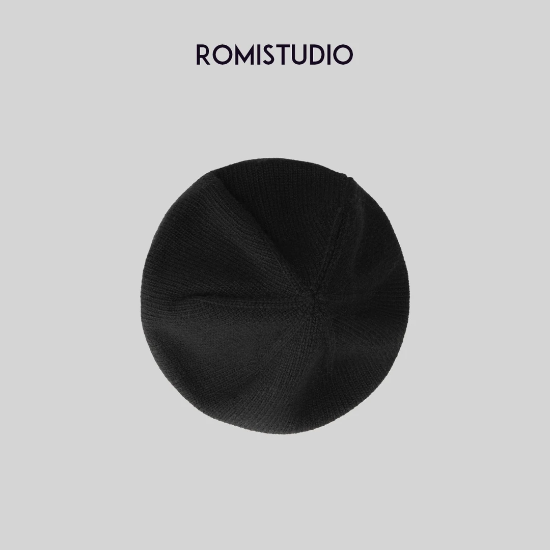 ROMI STUDIO绵羊毛贝雷帽显脸小秋冬复古黑色大头围帽子R29S146
