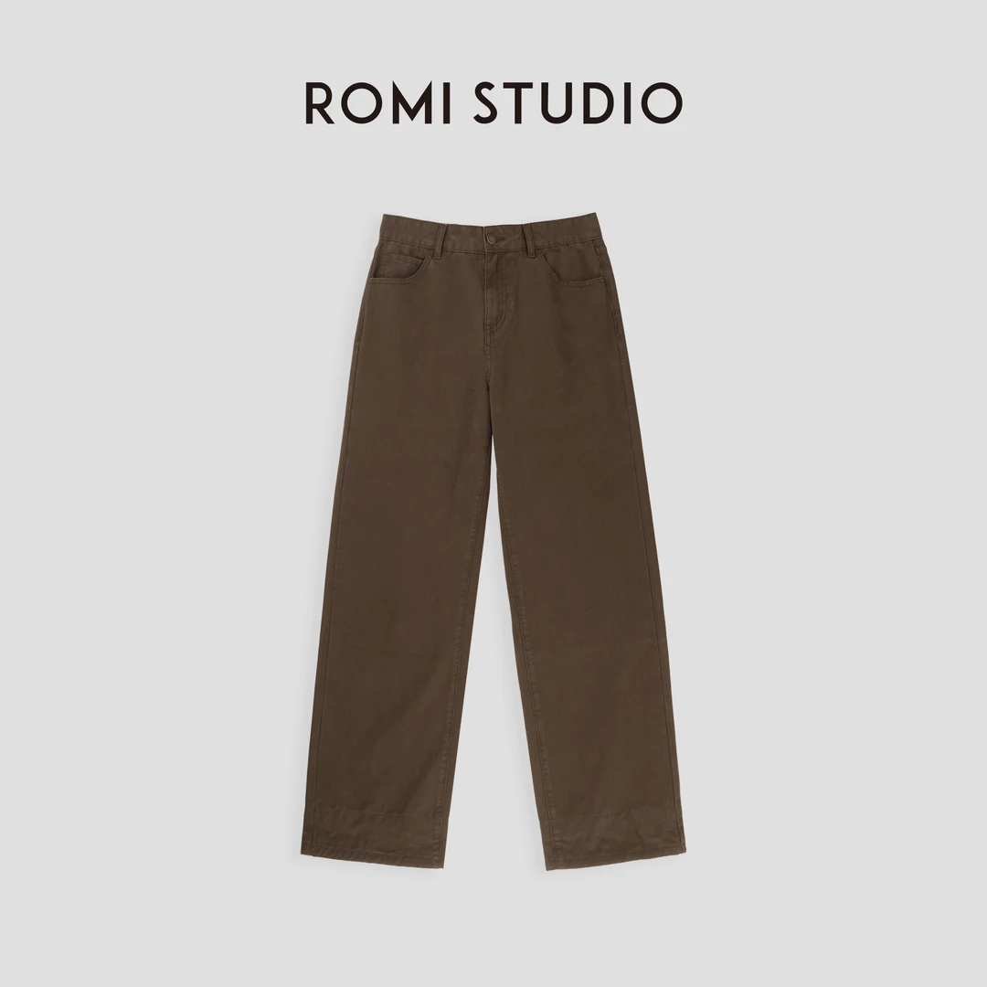 ROMI STUDIO“美式复古”100斜纹棉高腰拼格纹棕咖牛仔裤23AWN784