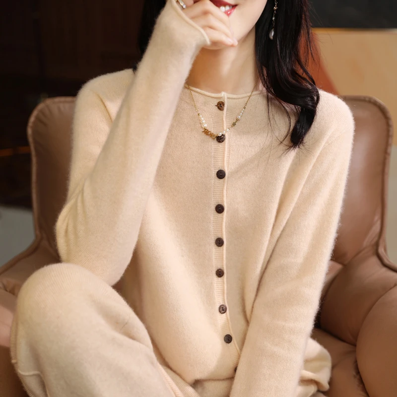 【一线成衣】卷边羊毛ins针织开衫气质女圆领100%羊毛外套048