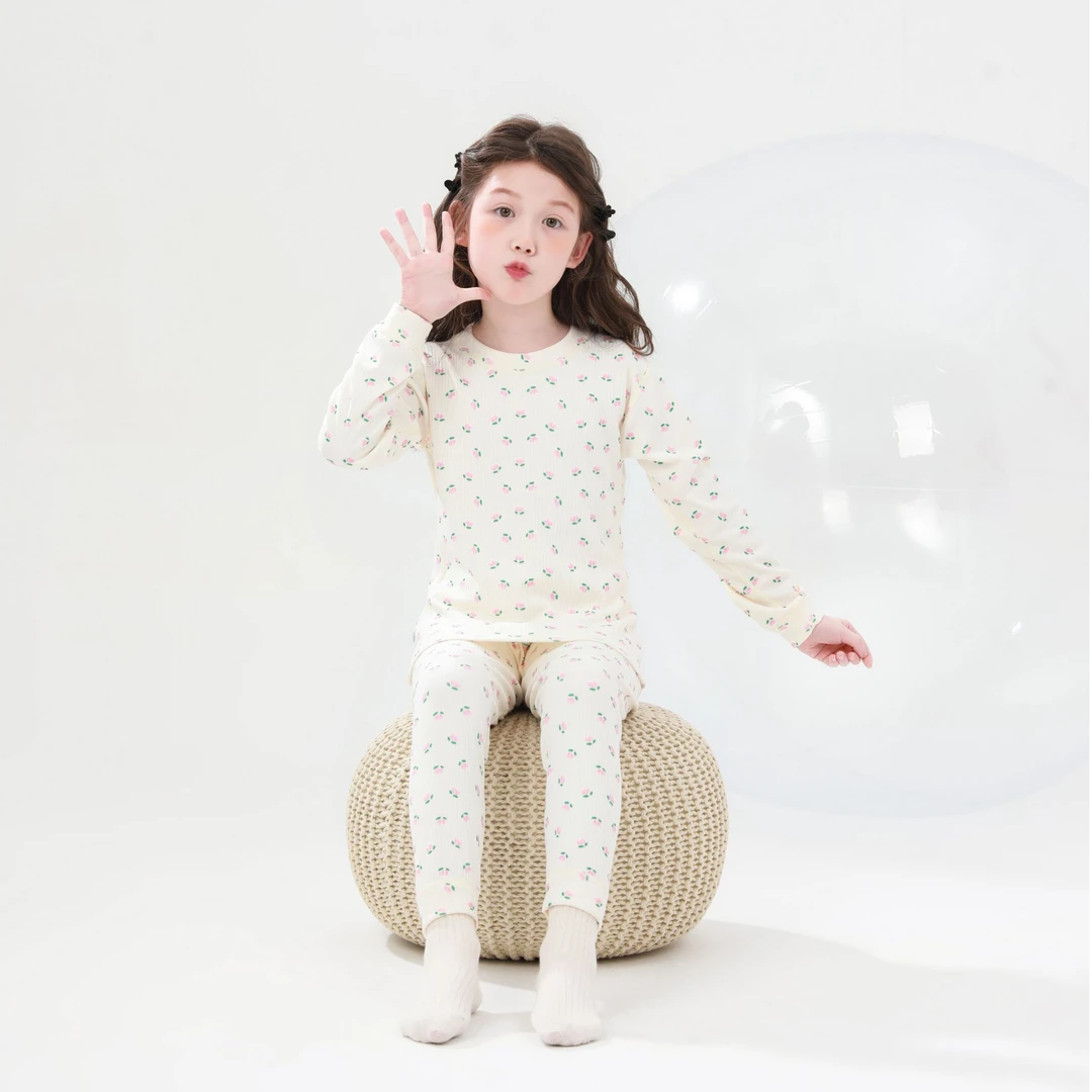 【2024新款】儿童家居服套装女童圆领睡衣宝宝秋冬纯色加厚保暖睡衣