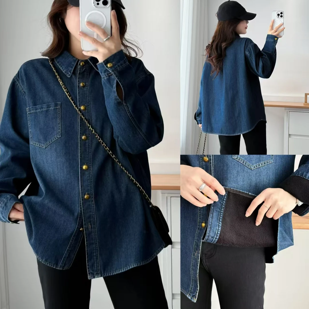 新款大码显瘦牛仔长袖休闲百搭韩版加绒衬衫气质洋气950