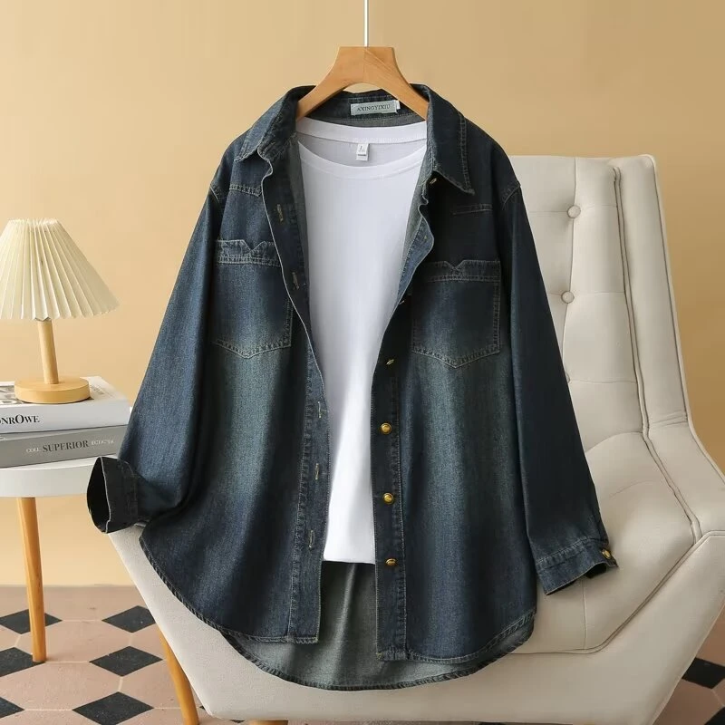 新款大码显瘦衬衫大码春秋长袖牛仔休闲百搭宽松复古9619