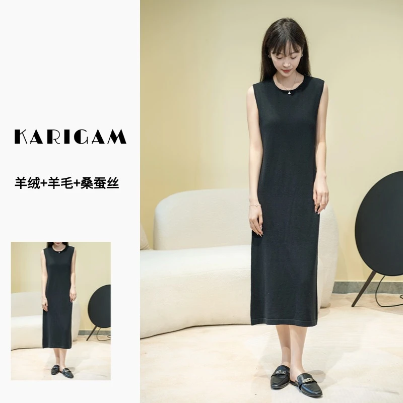 【羊毛蚕丝羊绒】早春优雅气质无袖中长款绵羊毛宽松连衣裙女1323-1