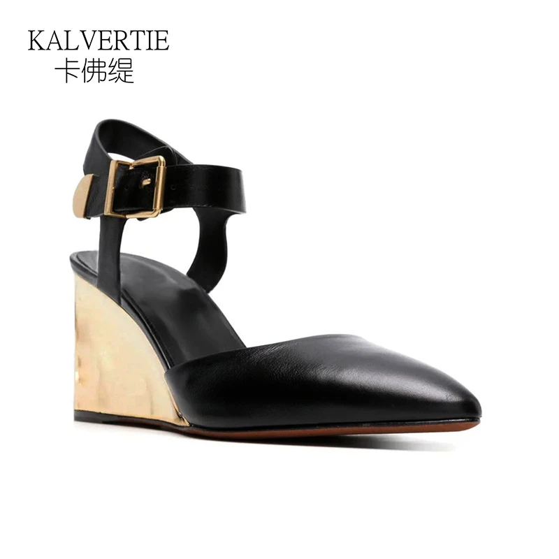 高跟包头鞋夏浅口真皮女鞋2025新款小个子时尚坡跟鞋尖头时装凉鞋