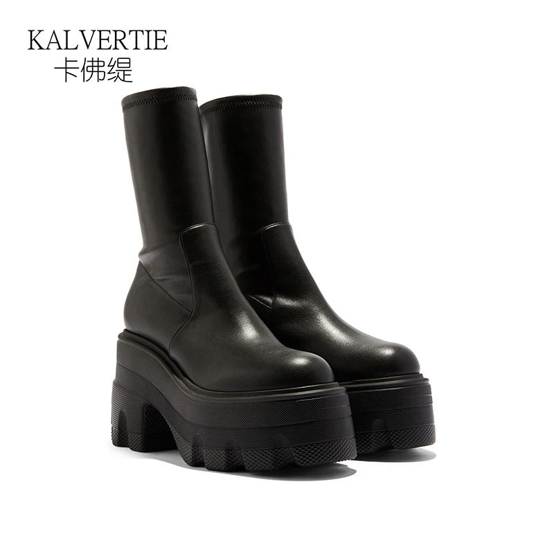 弹力靴女显瘦厚底短靴百搭小个子增高靴瘦瘦靴松糕底真皮高跟短靴