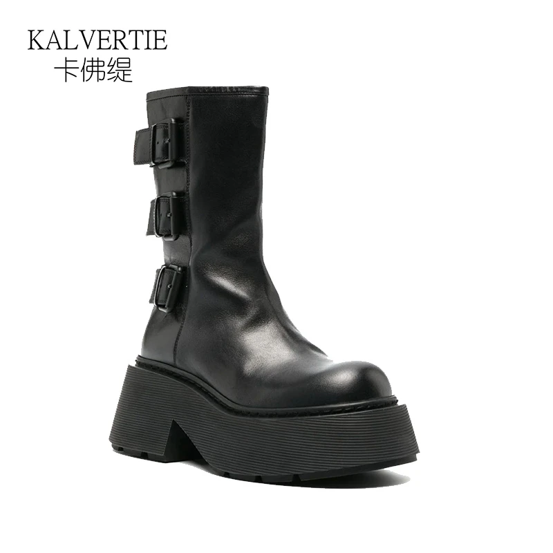 厚底马丁靴皮带扣短靴秋冬英伦风中筒机车靴潮靴松糕底真皮骑士靴