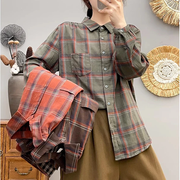 双层棉纱大格子衬衫女长袖秋季新款文艺复古柔软亲肤婴儿棉上衣
