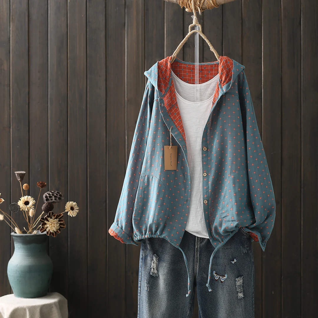 文艺复古秋季女士连帽短外套单排扣色织双层棉纱长袖开衫薄款上衣