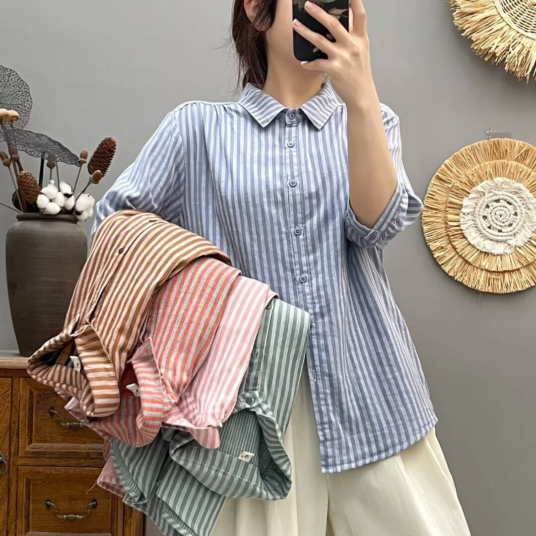文艺复古竖条纹双层棉纱衬衫女 夏季新款女士休闲中袖上衣宽松