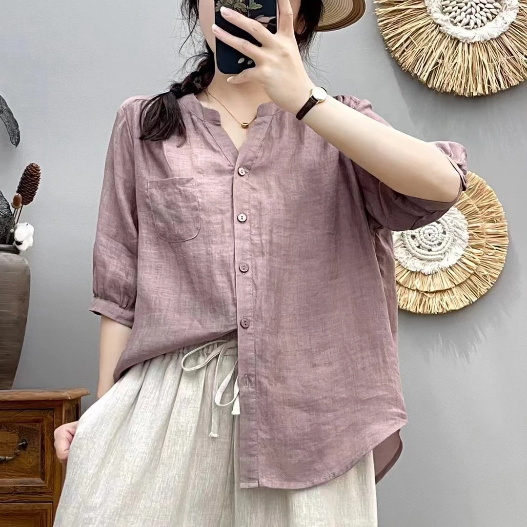 V领口袋苎麻上衣女夏季新款纯色衬衣百搭轻薄透气七分袖衬衫