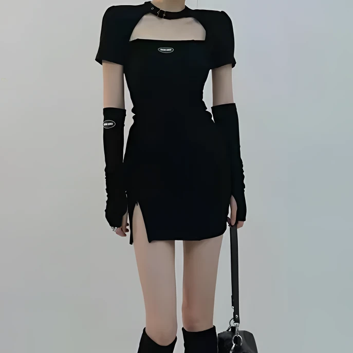 时尚春秋款气质袖套方领开叉短裙子黑色小众设计感纯欲辣妹连衣裙