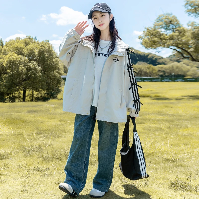 女童外套春秋2025新款秋装中大童洋气韩版休闲时髦秋季连帽上衣潮