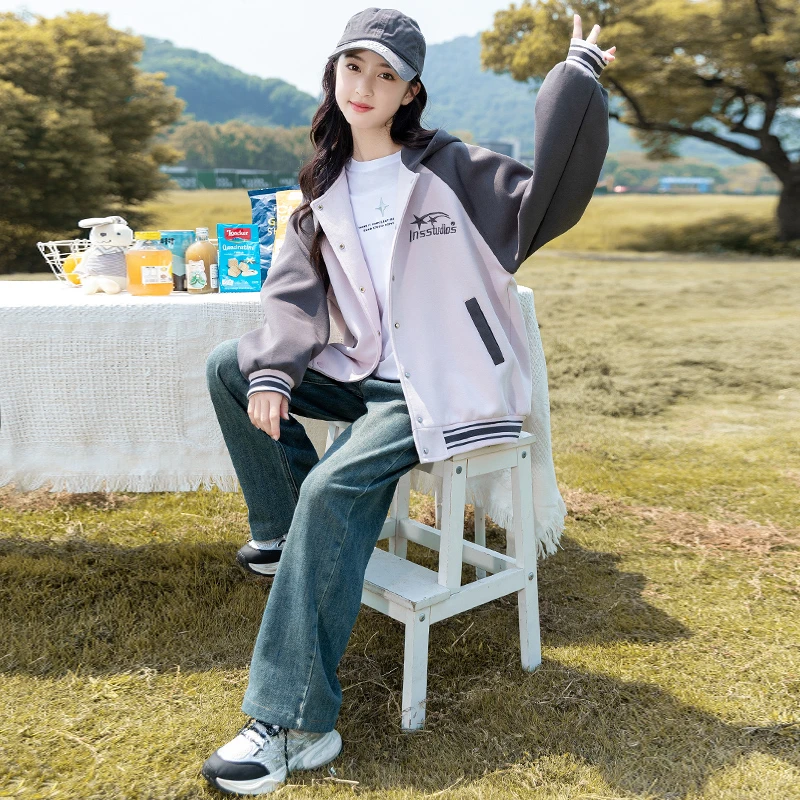 女童秋装外套2025新款中大童洋气春秋韩版连帽时髦秋季网红棒球服