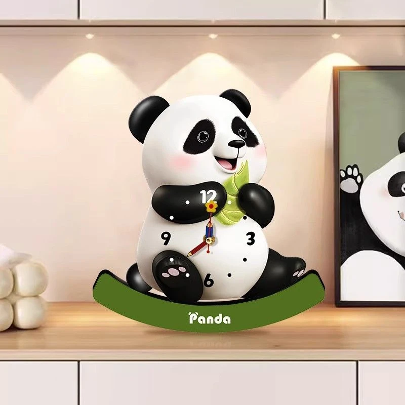 可爱熊猫卧室摇摆钟表静音治愈安静摆件