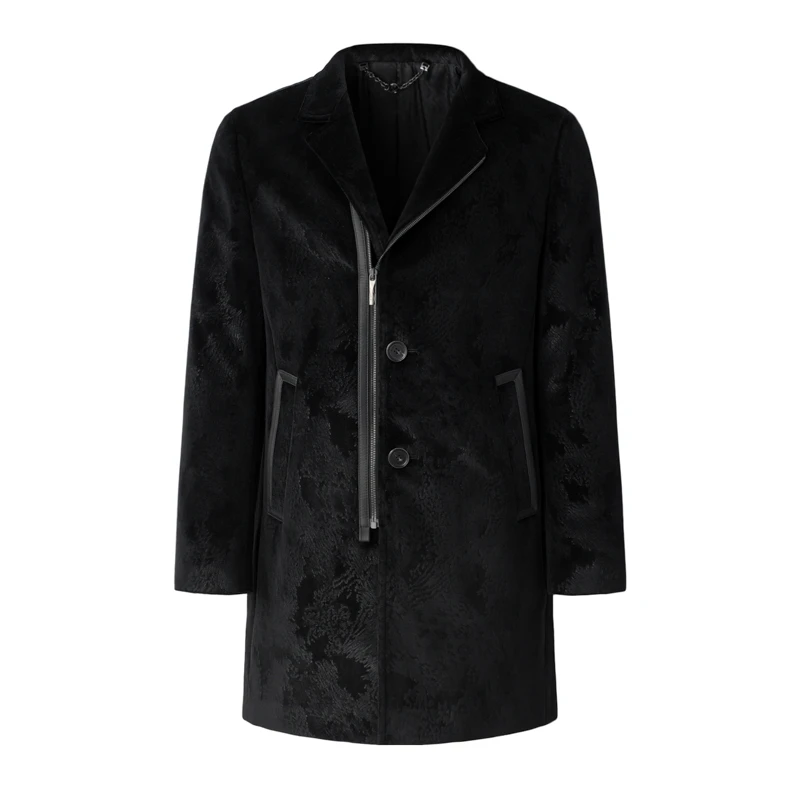 RARE威雅男装秋冬款黑色短丝绒贴皮装饰中长款时尚保暖大衣