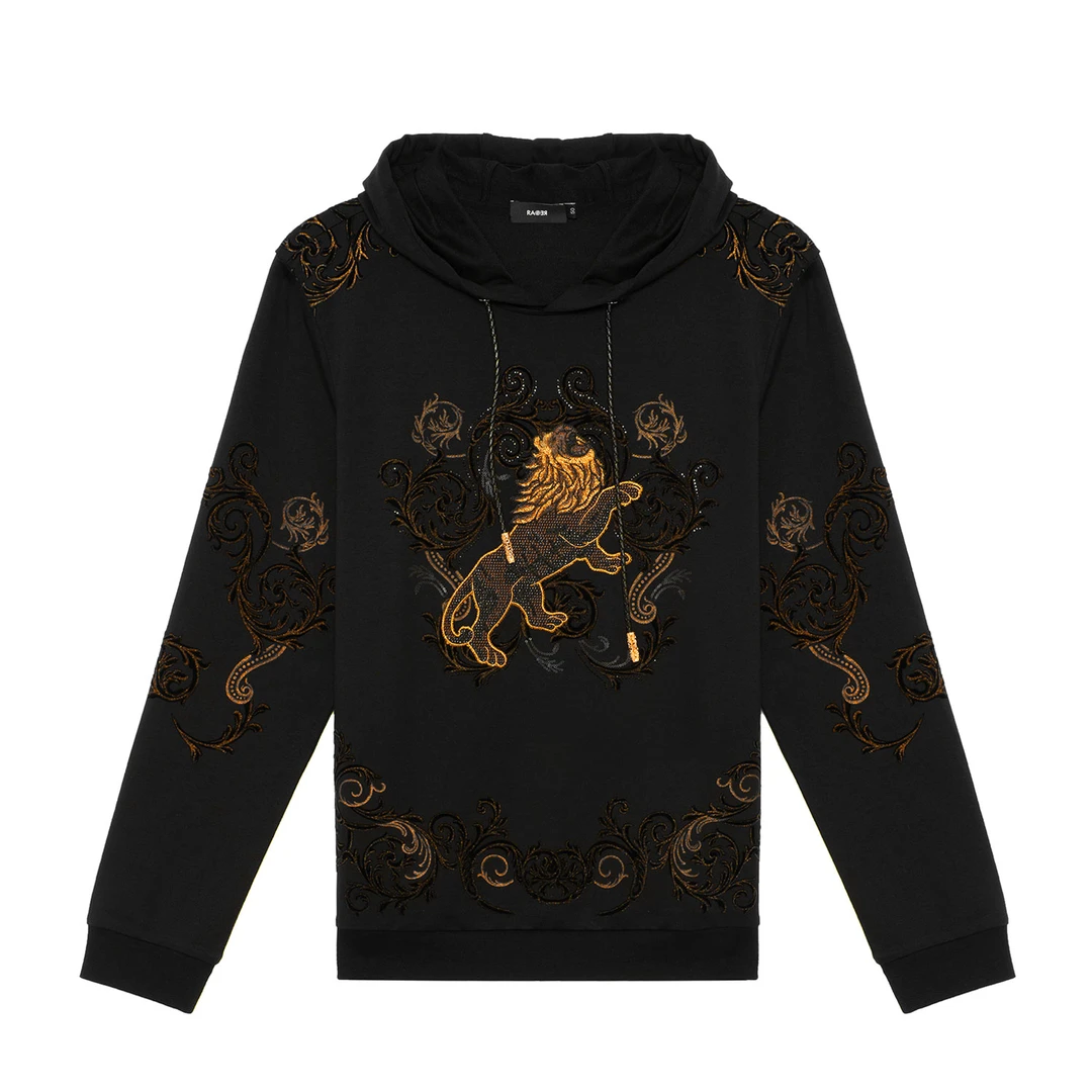 RARE威雅男装春秋季休闲时尚黑色金咖卷纹长袖秋季男上衣连帽卫衣