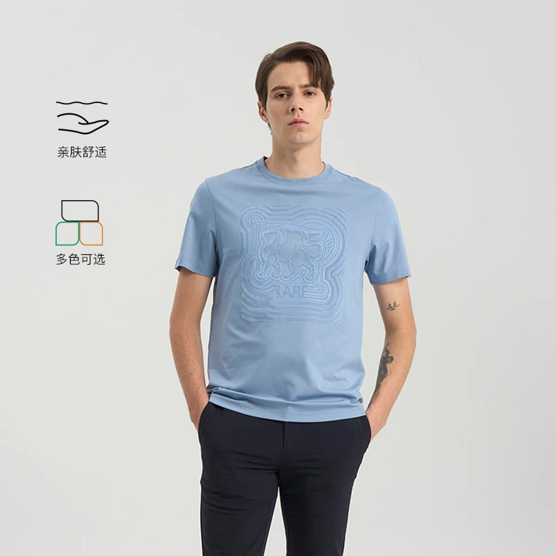 RARE威雅男装夏季新款飞狮顺色印花植绒烫钻 黑白蓝圆领短袖T恤