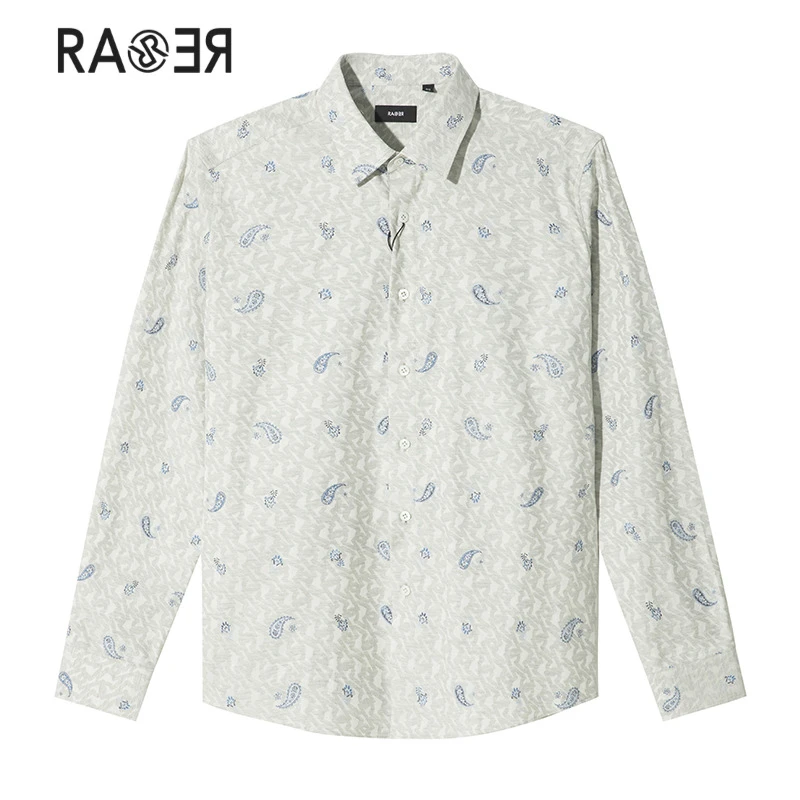 RARE威雅男装秋冬款灰色LOGO低纹蓝色小花翻领长袖衬衫