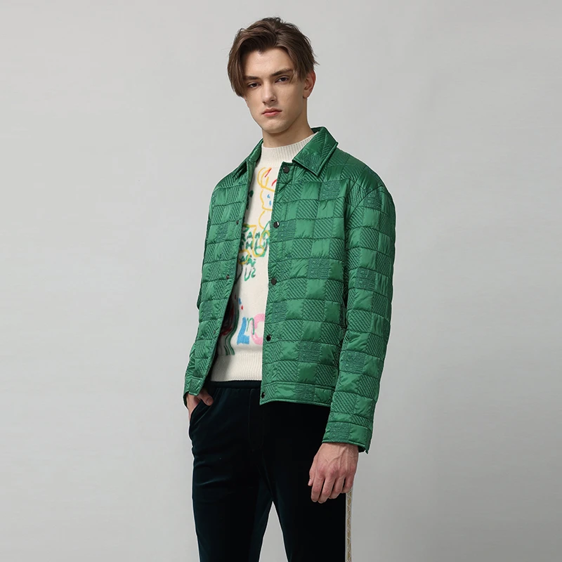 RARE威雅男装秋季款男士绿色满身方块RARE薄翻领休闲棉服外套
