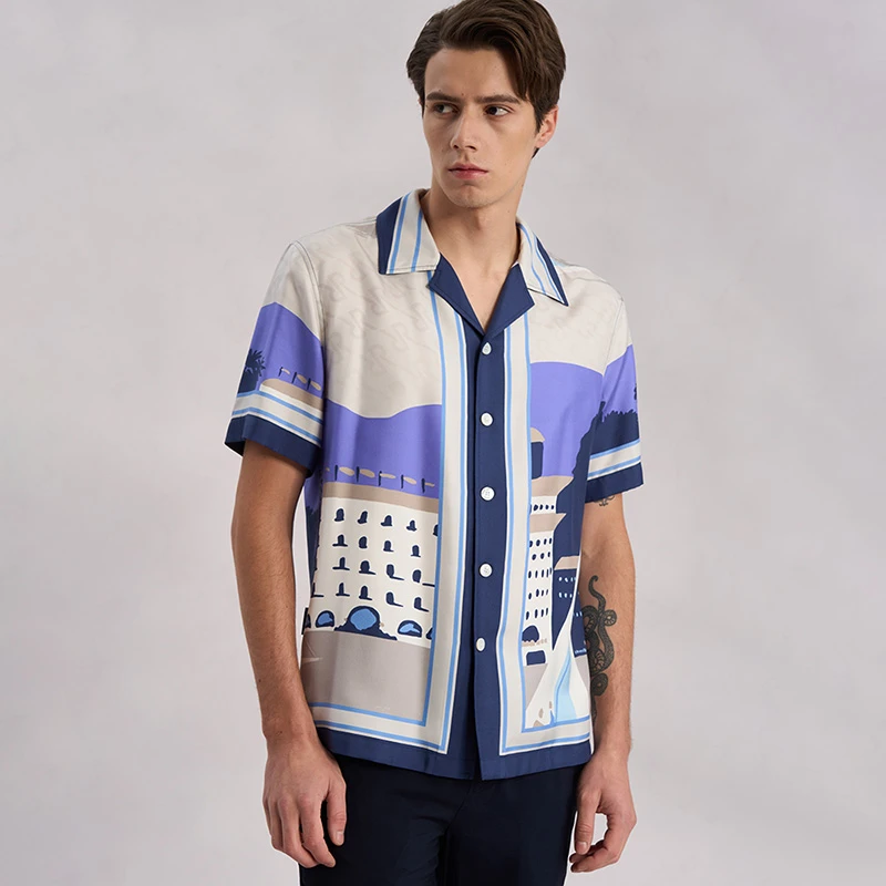 RARE威雅男装夏季新款帆船印花真丝宽松古巴领休闲短袖衬衫男