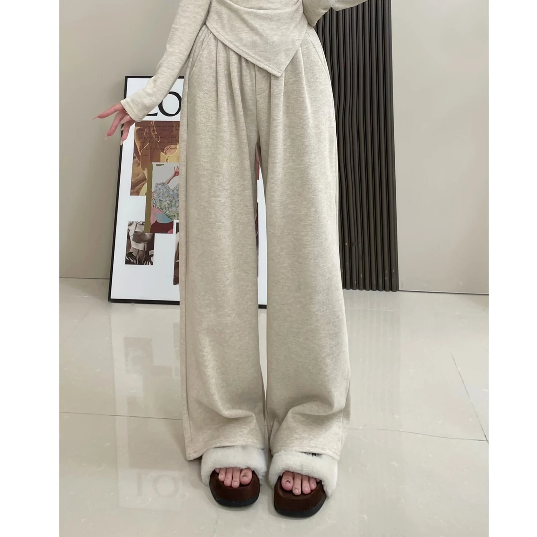 眼月【加绒】秋冬季百搭宽松时尚显瘦高腰休闲拖地垂感阔腿裤子