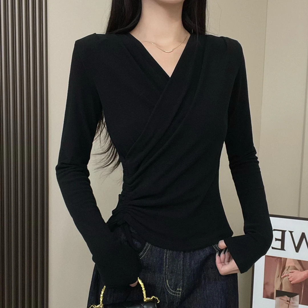 眼月【现货哦】双面加绒加厚不规则褶皱V领女时尚收腰显瘦打底长袖T