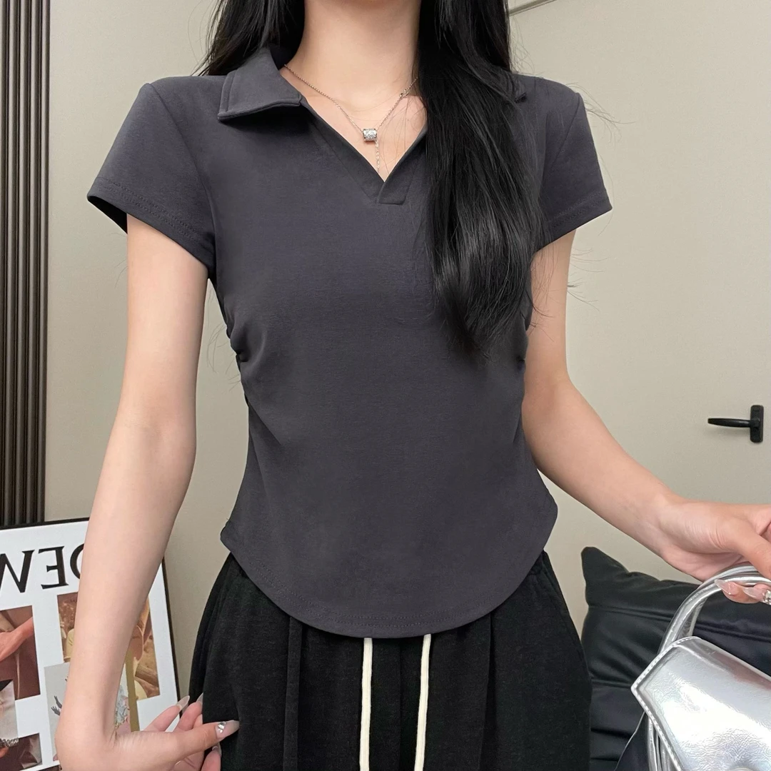 眼月【现货】百搭polo领白色短袖t恤女装夏季收腰显瘦纯色正肩上衣