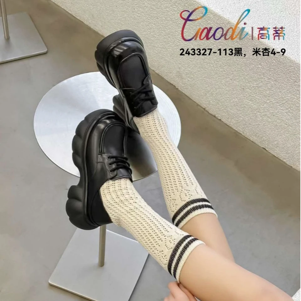 高蒂新款牛皮系带乐福鞋休闲鞋厚底中跟休闲女鞋243327-113