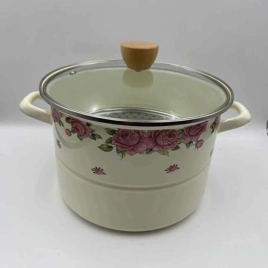 24cm象牙白玫瑰搪瓷单层蒸锅玻璃盖电磁炉明火通用