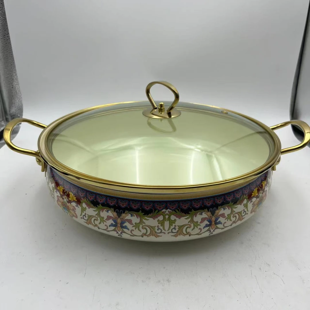 30cm【珍品】搪瓷珐琅海鲜锅金边玻璃盖电磁炉明火通用