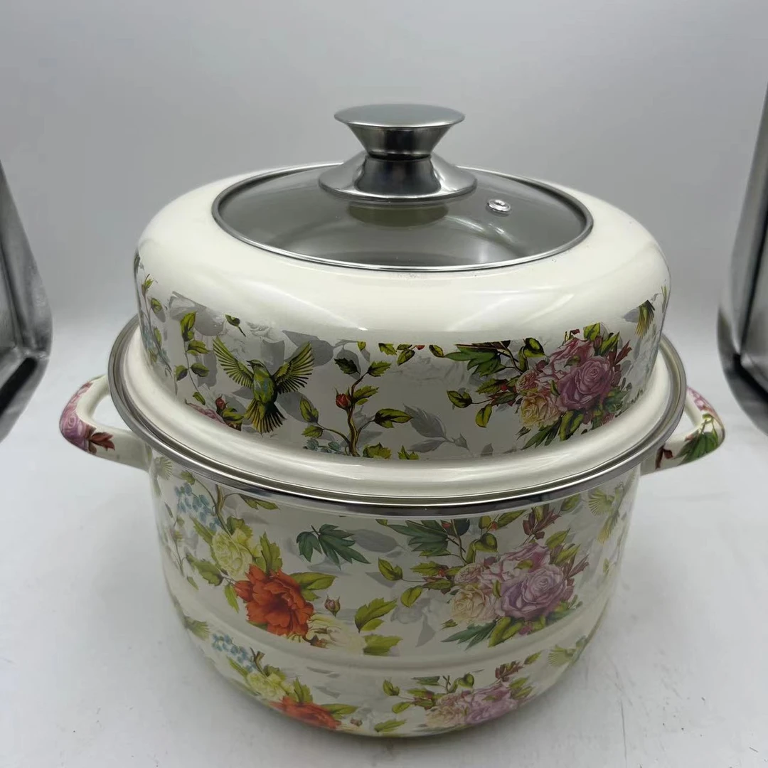 24cm【花鸟】双层蒸锅搪瓷珐琅电磁炉明火通用