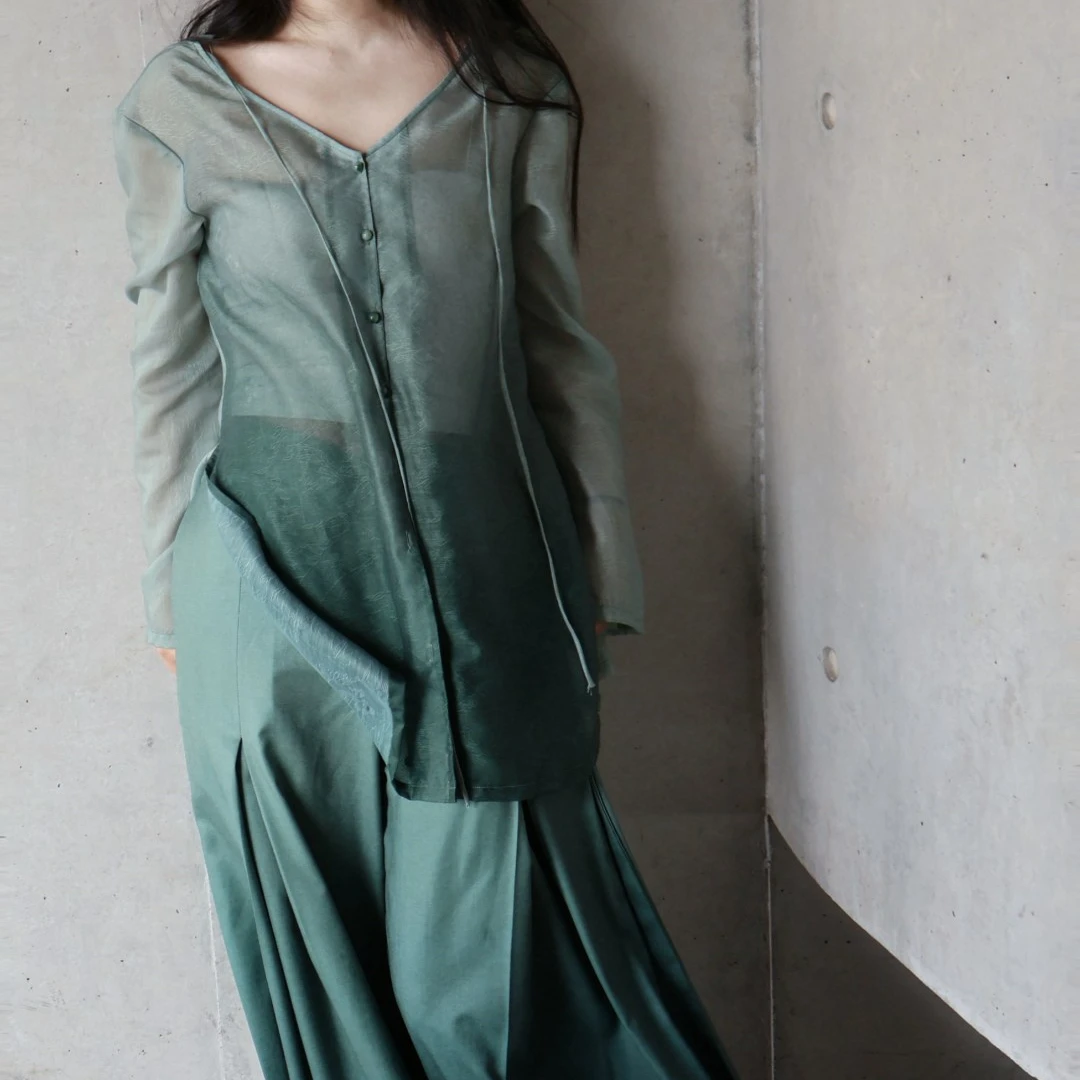 【千峰翠】原创天青色新中式一衣多穿两件套装国风日常衬衫长裤套装