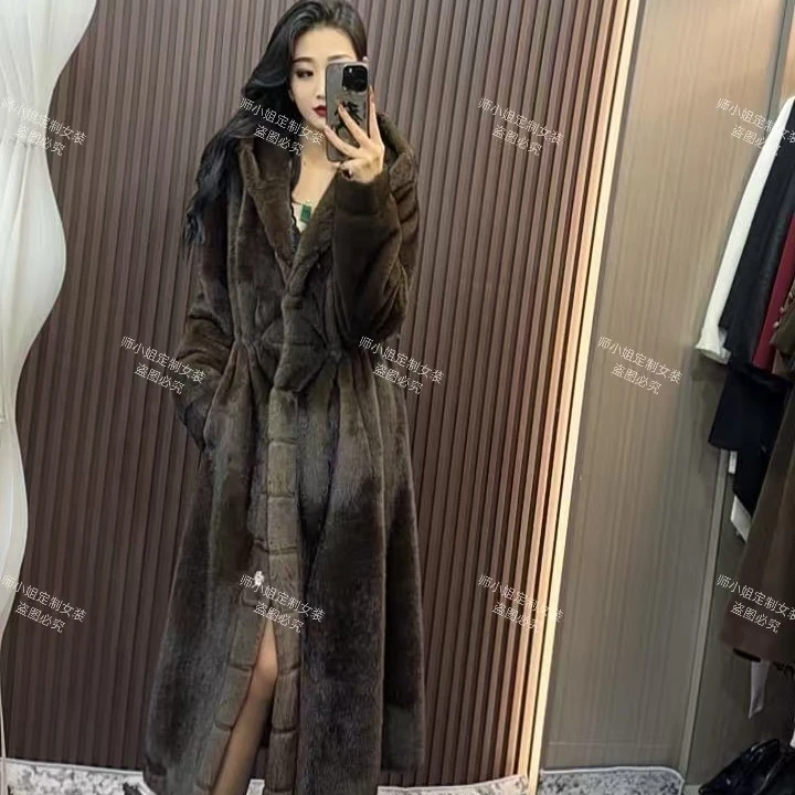 断码特价清~冬季轻奢加厚收腰连帽中长款毛毛大衣90125