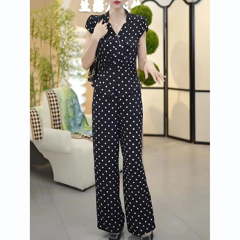 时尚气质女式夏季套装2025新款高级短袖V领波点上衣阔腿裤两件套