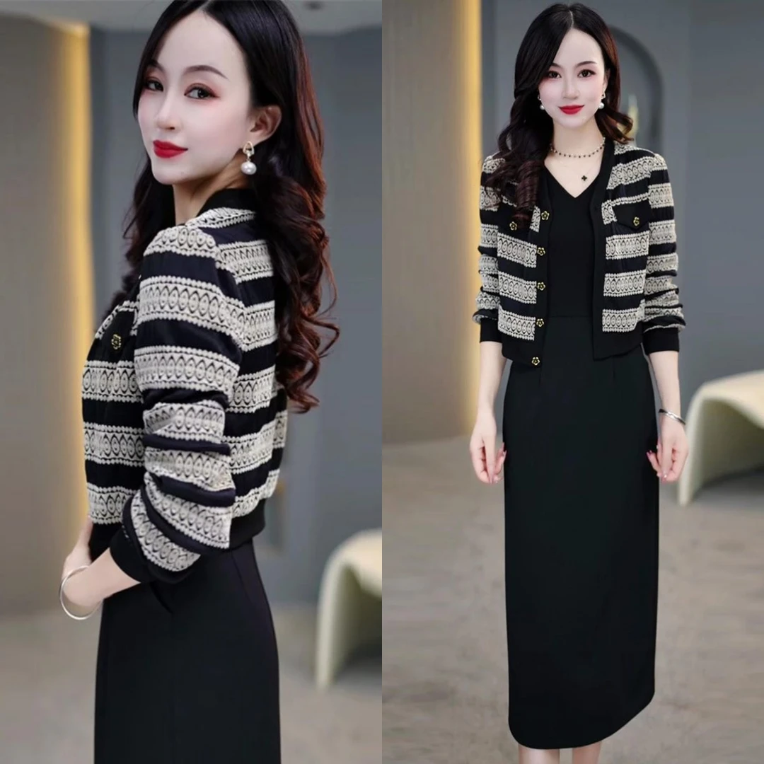 小香风套装裙女2025春季洋气高贵阔太太气质条纹长袖连衣裙两件套