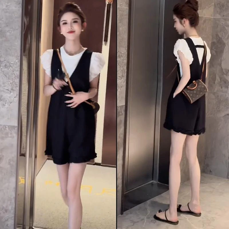 时尚背带裤套装女夏季洋气减龄小个子花苞袖上衣背带短裤两件套潮